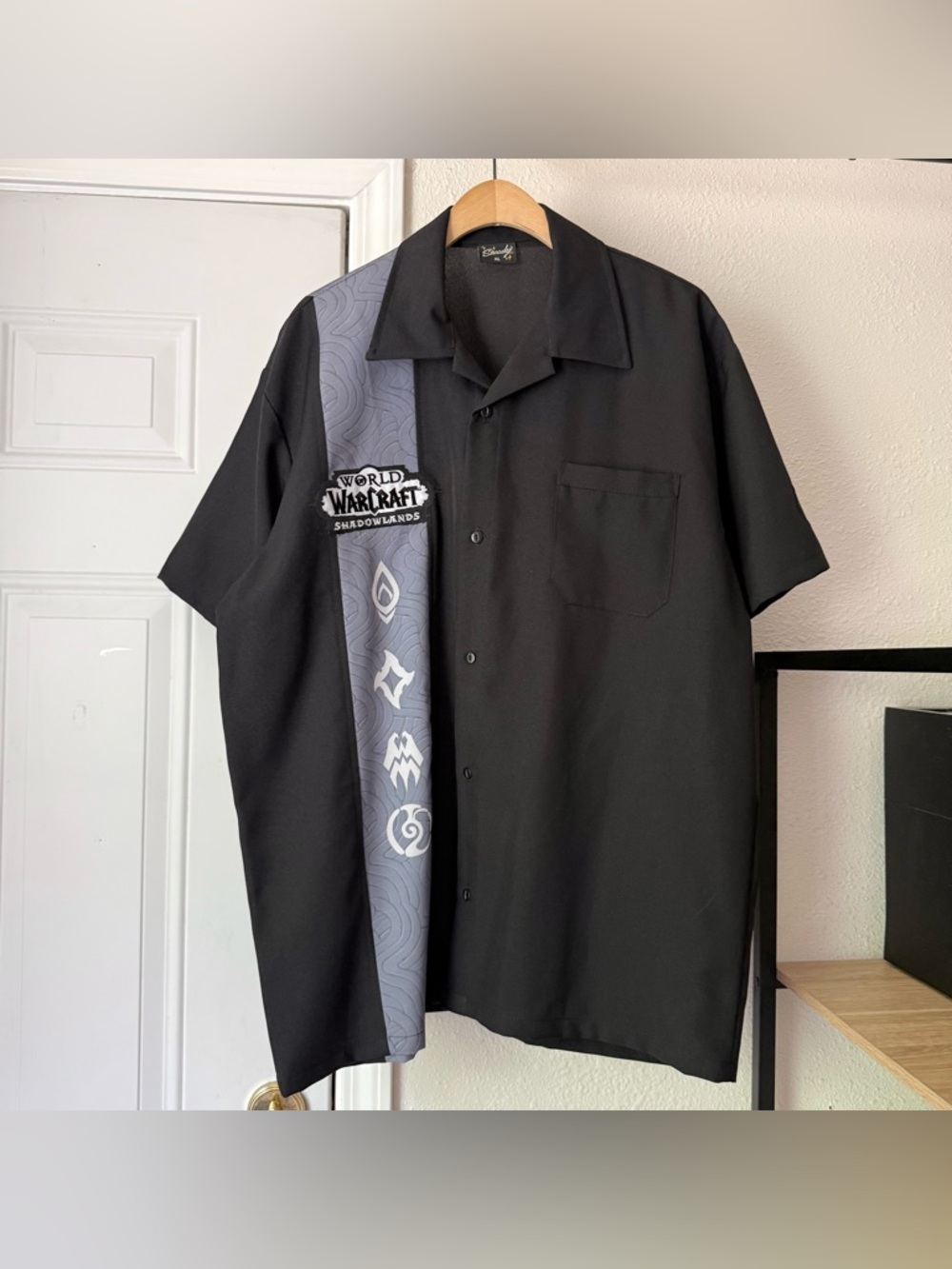 NWT STEADY x World of Warcraft black bowling logo patch stripe button up shirt